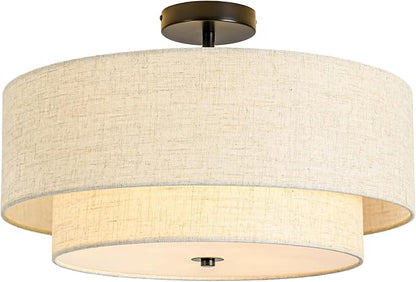 4-Light Semi Flush Mount Ceiling Light, 19.7" Double Drum Ceiling Light Fixture with Linen Fabric Shade, Modern Black Ceiling Light for Dining Room, Living Room, Bedroom, Kitchen, Hallway, Entryway