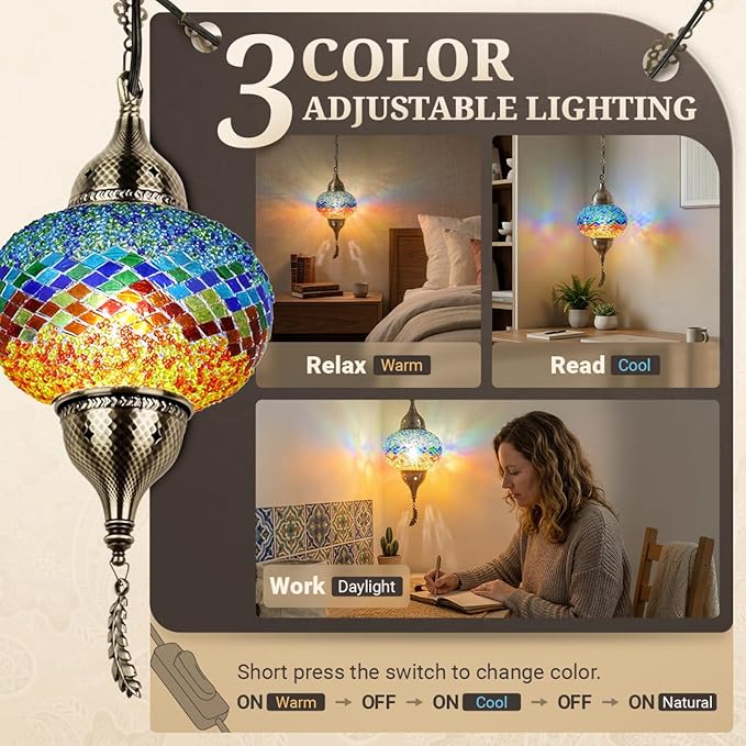 Turkish Moroccan Mosaic Pendant Light - Handcrafted Tiffany Style Swag Lamp with 15ft Cord, Vintage Glass Ceiling Fixture Lighting for Mediterranean Decor (Multicolor2)