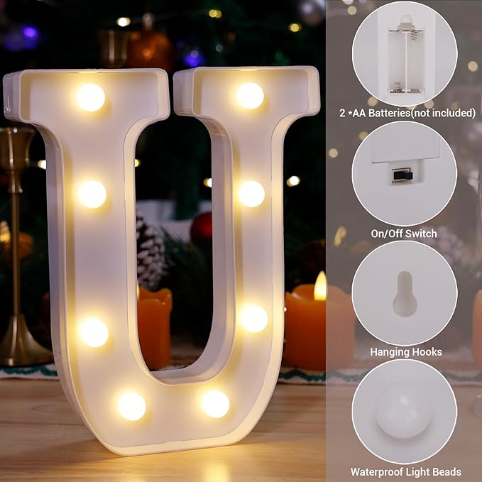 LED Marquee Sign Light Up Letters, Alphabet Light Up Letters Sign, Battery Powered LED Letter Lights for Night Light, Wedding, Birthday, Party, Christmas or Home Decor (Letter U)