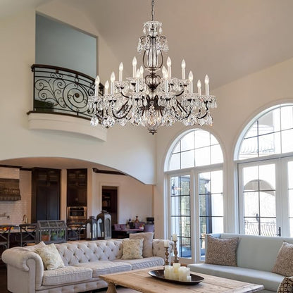 Vintage 2 Layers Crystal Chandelier for High Ceilings, 18-Light Brown Chandelier, Pendant Ceiling Light Fixture for Living Room Hallway Lobby Foyer Entrance Hotel Banquet Hall, Dia 37"