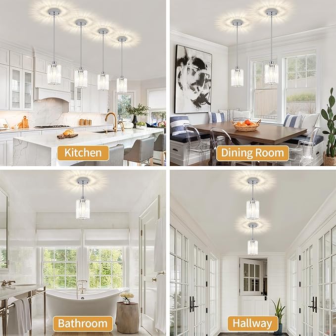 2 Pack Chrome Crystal Pendant Lights Kitchen Island, Modern Kitchen Pendant Lighting Over Island Dining Room Light Fixtures Adjustable Hanging Pendant Light for Bathroom Hallway Entryway Bedroom Foyer