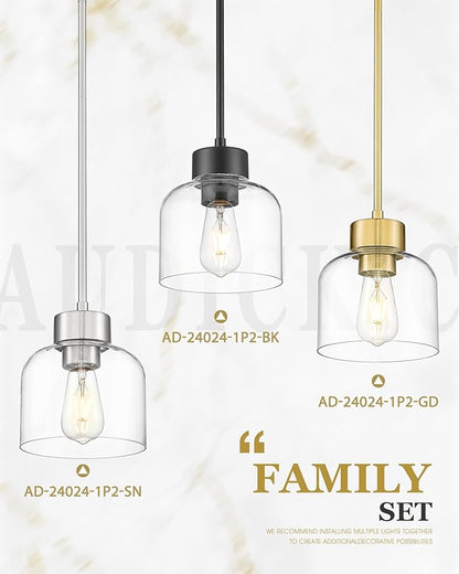 2-Pack Pendant Lights Kitchen Island, 7" Brushed Nickel Hanging Lights Fixtures with Clear Glass Shade, Modern Kitchen Pendant Lighting Over Island for Dining Room, AD-24024-1P2-SN