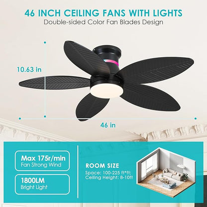 Surtime 46" Black Ceiling Fans with RGB Lights - Flush Mount Ceiling Fan Light with LED 3CCT Dimmable, Tropical Palm Leaf Ceiling Fans for Indoor Party,Covered Outdoor