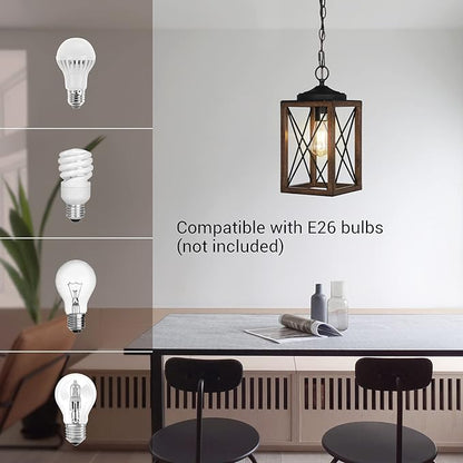 EDISHINE Farmhouse Pendant Light, Metal Hanging Light Fixture with Wooden Grain Finish, 63 Inch Adjustable Chain for Flat and Slop Ceiling, Kitchen Island, Bedroom, Dining Hall, E26 Base, 1 Pack