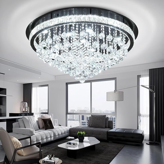 Dia 32" Modern Crystal Chandeliers for Dining Room,Black Raindrop Chandelier Flush Mount Chandeliers for Living Room Bedrooms Dining Room Dimmable 2700k 4500k 6000k