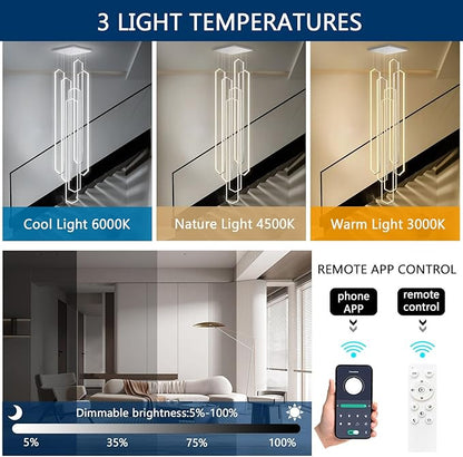 6 Rings Large Chandelier for Staircase Modern High Ceiling Chandelier LED Dimmable Chandeliers for Foyer Staircase Foyer Enterway Living Room Villa Silver