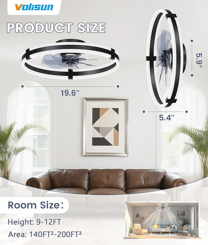 VOLISUN Ceiling Fans with Lights and Remote, 19.7in Low Profile Ceiling Fans with Light, 3000K-6500K Dimmable Fandelier Ceiling Fan, Black Flush Mount Ceiling Fan for Bedroom