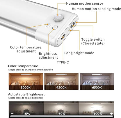 SyouHome 15.7inch Under Cabinet Lighting Rechargeable, 100 LED Super Bright, Motion Sensor, 3 Color Temps & Dimmable, Long Lasting Wireless Magnetic Closet Light for Kitchen, Pantry, Stairs (2 Pack)