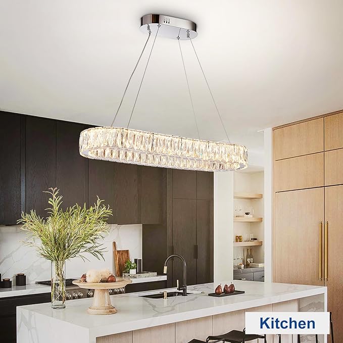 Depuley Crystal Chandeliers for Dining Room: 27.5 Inch Modern Linear Chandelier Contemporary Rectangle Pendant Light Fixture for Kitchen Island Bar Over Table with Remote Control
