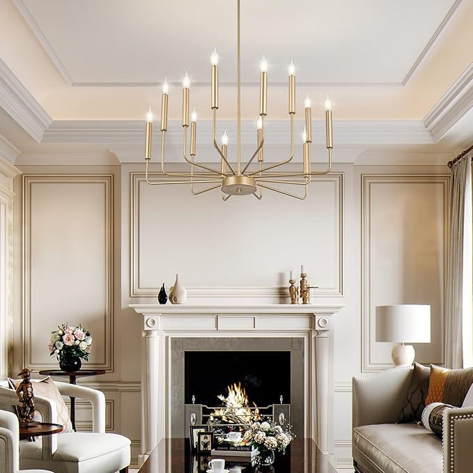 WOKNOS Modern Gold Farmhouse Chandeliers, 12-Light Industrial Metal Chandelier Lighting, Classic Candle Hanging Pendant Light Fixtures for Kitchen, Dining Room, Living Room, Entryway