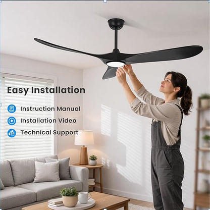 heimo 52 Inch Black Ceiling Fan with Light and Remote, Wood Outdoor Ceiling Fans with Lights Dimmable for Bedroom Living Room Patios Kitchen Modern 3 Blade Propeller Indoor Fan