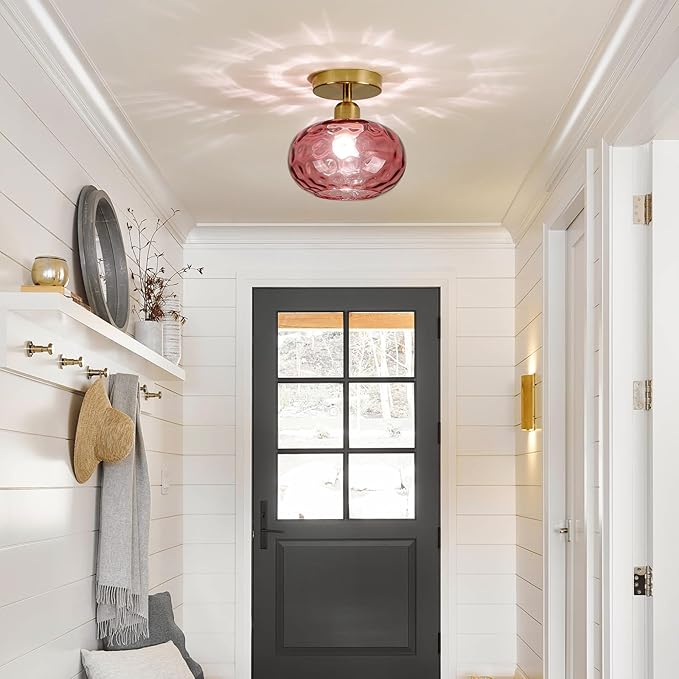 Luafac Red Glass Semi Flush Mount Ceiling Light - 7.9 Inch Hammered Art Deco Glass Small Hallway Light fixtures, Vintage Gold Flush Mount Ceiling Light for entryway Foyer Laundry Room Kitchen