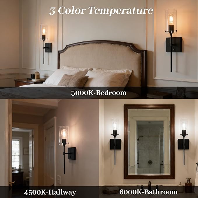 Wireless Wall Sconces with Remote Control, Black Battery Operated Wall Sconces Set of 2, Rechargeable Dimmable Wall Light for Bedroom Living Room Bathroom Hallway Entryway Stairwell,3 Colors