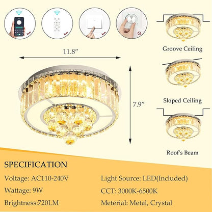 11.8" Silver Modern Crystal Chandeliers for Dining Room LED Dimmable Light Fixtures Flush Mount Light Living Room Bedrooms