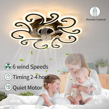 Black Flower Modern Ceiling Fans with Lights, Low Profile Ceiling Fan with Remote for Bedroom, Flush Mount Ceiling Fan with LED Dimmable Light,6-Speeds, Timing CeilingFan Light-yun