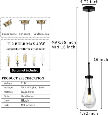 Black Raindrop Pendant Lights, Teardrop Pendant Light, Black Kitchen Island Pendant Lighting, 1-Light Interior Pendant Light in The Kitchen Island Living Room Bedroom Bathroom, Dining Room,Hallway
