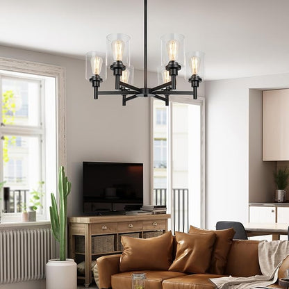 Black Chandelier, 6 Light Farmhouse Chandeliers for Dining Room Light Fixtures Over Table, Industrial Hanging Lighting with Clear Glass Shade for Living Room Kitchen Island Bathroom Entryway Bedroom