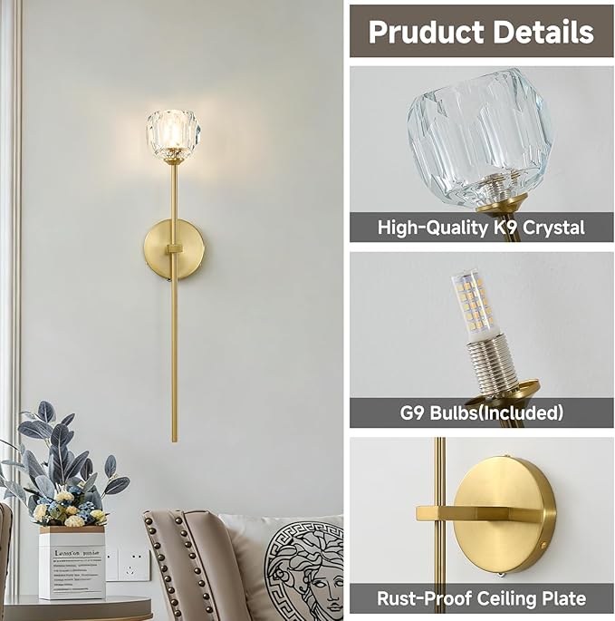 Gold Crystal Wall Sconces Set of Two with G9 Bulbs, Mid Century Modern Diamond Light Brass Vintage Long Lighting Fixture Hardwired for Elegant Vanity Living Room Bedroom Bathroom Hallway