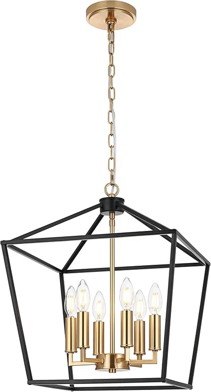 MELUCEE Black Lantern Pendant Light 6 Light Industrial Cage Chandelier with E12 Brass Candle-Shaped Base Rustic Geometric Hanging Light Fixture for Kitchen Island Foyer Dining Room