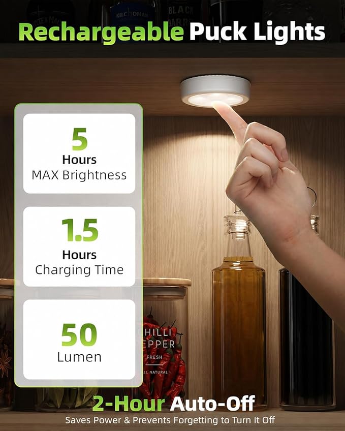 EZVALO LED Puck Lights, 50Lumens, Touch Light, 2.5'' Mini Tap Light, Rechargeable Stick On Tap Lamp, 3 Color Temps, Under Cabinet Lights Wireless, Ideal for Kitchen,Closet,Pantry,Camper(4 Pack)