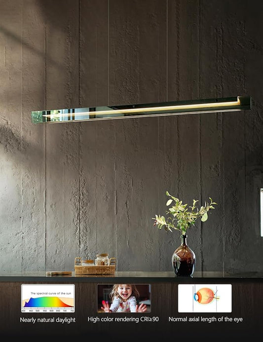 Glass Modern Black Linear Pendant Light - LED Hanging Kitchen Island Lights, Adjustable Dimmable Ceiling Fixtures, Minimalist Chandelier for Dining Room, Bar (63")