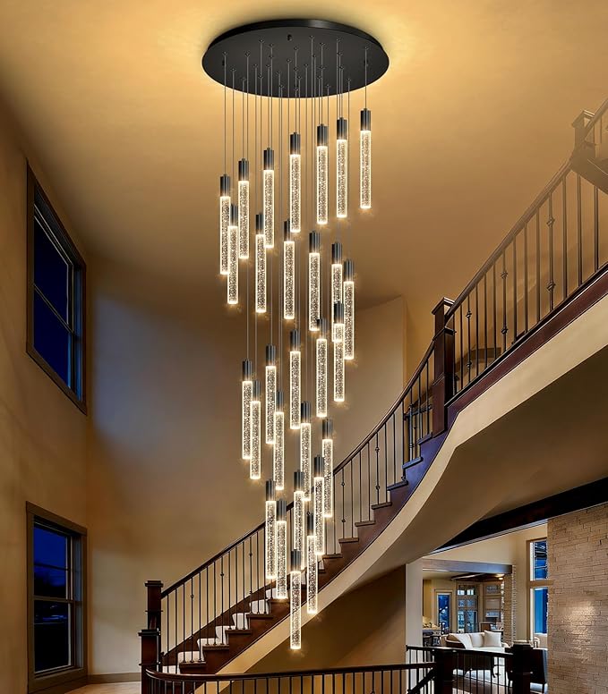HAIXIANG 14.5 Foot High Ceiling Chandelier for Entryway Modern Crystal Lights for Living Room Foyer Flush Mount Sloping Ceiling Pendant Light Fixture Remote Dimmable 28-Lights Black
