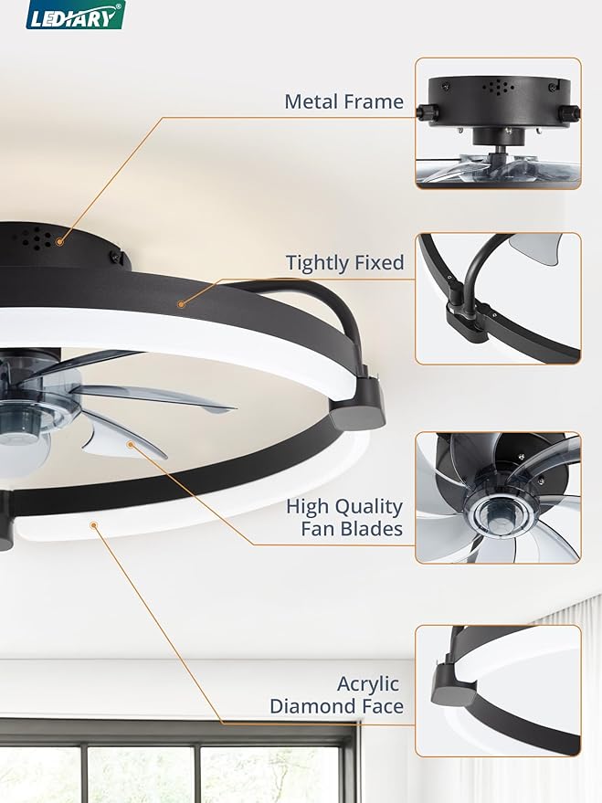 LEDIARY Ceiling Fans with Lights and Remote, 20'' Low Profile Ceiling Fan with Light, 3000-6000K Dimmable Fandelier LED Fan Light, 6 Wind Speeds, Black Modern Flush Mount Ceiling Fan for Bedroom