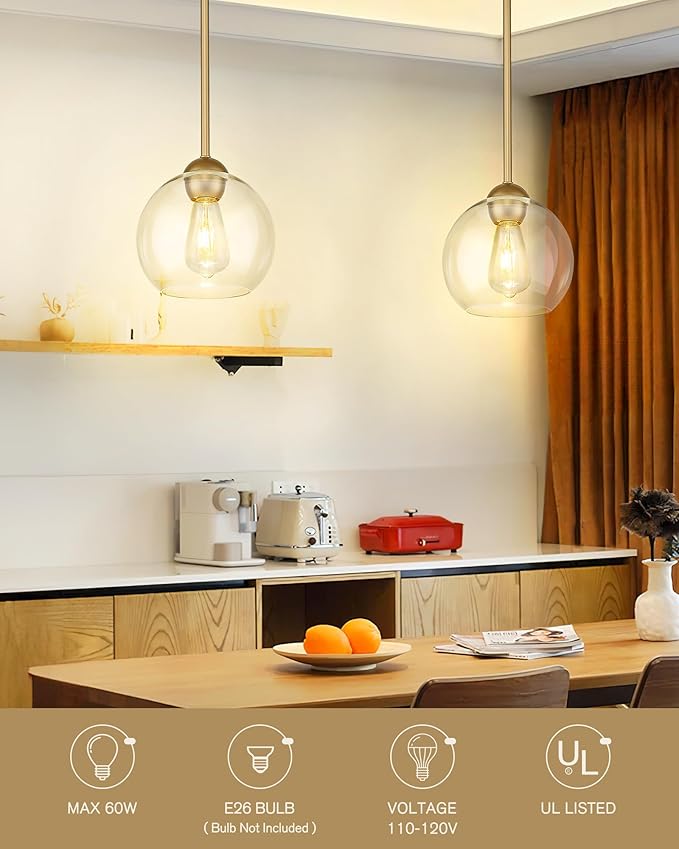 Emak 2 Pack Gold Pendant Light Fixtures, 8 Inch Globe Pendant Lights Kitchen Island with Clear Glass, Modern 1 Light Pendant Lighting for Kitchen, Bedroom, Bathroom, PL121-GD-2PK
