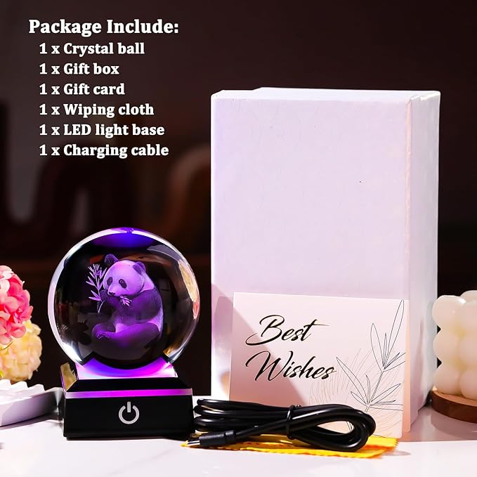 Arikyrist 3D Panda Figurine Crystal Ball with Colorful Light Base, Panda Gifts for Women Men on Christmas Birthday, 3D Laser Engraved Pandas Full Sphere Glass Decorative Ball for Home Office (80mm)