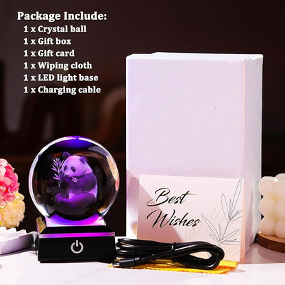 Arikyrist 3D Panda Figurine Crystal Ball with Colorful Light Base, Panda Gifts for Women Men on Christmas Birthday, 3D Laser Engraved Pandas Full Sphere Glass Decorative Ball for Home Office (80mm)