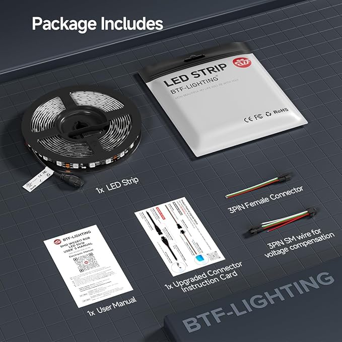 BTF-LIGHTING WS2811 IC=RGB+IC Addressable Color RGB LED Strip,16.4FT 60LED/m 10Pixels/m,IP67 Black PCB,UL Listed,Flexible DC12V Chasing Effect for Indoor Home Decor(No Adapter or Controller)