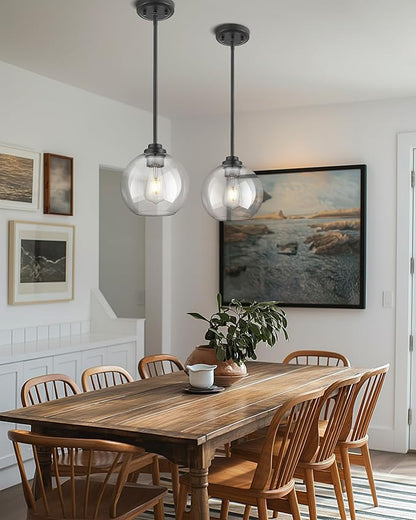 8 inch Matte Black Pendant Light, Mid Century Globe Haning Light Fixture Ceiling with Clear Glass for Kitchen Island Dining Room Bedroom Hallway Foyer (1 Pack), PL101BK-L