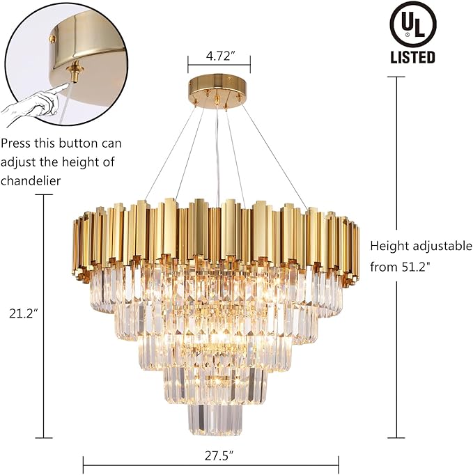 Gold Crystal Chandelier Lighting, 9 Light Crystal Dining Room Chandelier Light Fixture for High Ceiling Foyer Hall Entryway 5 Tier 27.5 inch