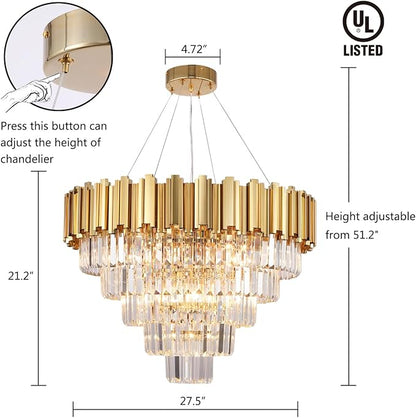 Gold Crystal Chandelier Lighting, 9 Light Crystal Dining Room Chandelier Light Fixture for High Ceiling Foyer Hall Entryway 5 Tier 27.5 inch