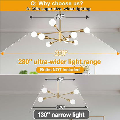 30" Modern Chandelier Ceiling Light Fixture, 8-Light Sputnik Chandeliers Brushed Gold Mid Century Chandelier Over Table, Height Adjustable Chandeliers for Dining Room Kitchen (Bulbs Not Included)