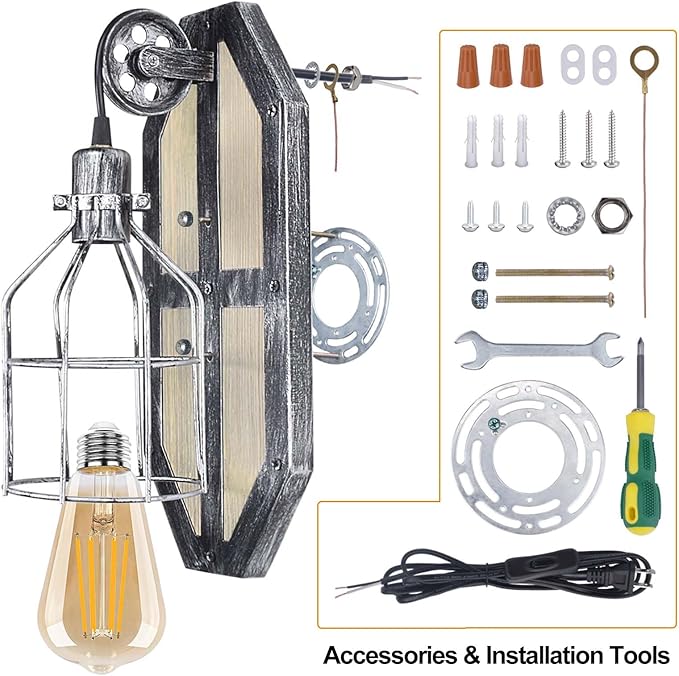 Steampunk Industrial Pulley Wall Sconce Plug in, Shabby Chic Metal Wall Mounted Lamp with Switch Retro Vintage Wall Light Fixtures with 8FT Plug in Cord, E26 Base(Edison Bulb Included, 1 Pack)