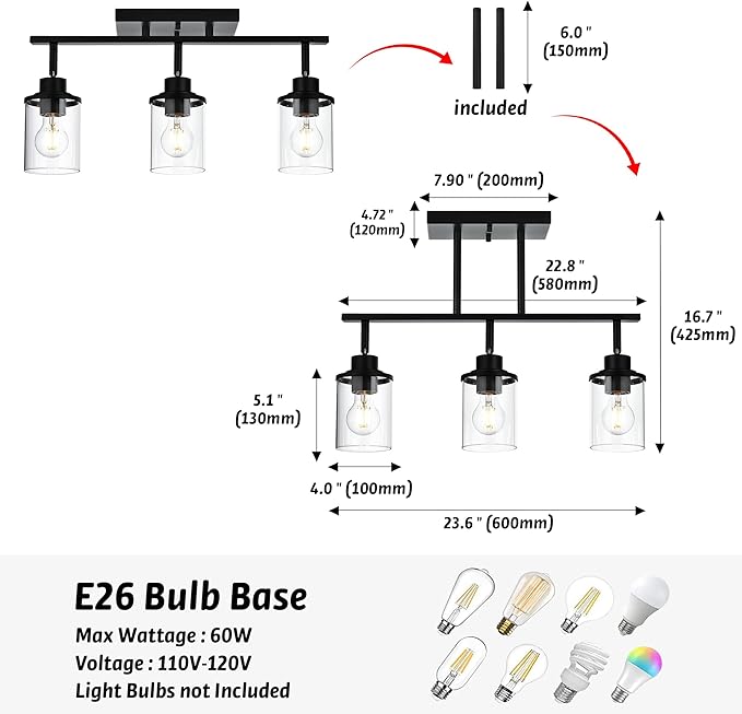Track Lighting Fixtures 3 Light Ceiling Lights with Adjustable Track Heads, Black Bathroom Vanity Light with Clear Glass Shade, Modern Track Lighting Kit for Kitchen Office Living Room