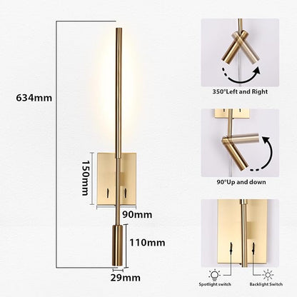 ZEROUNO Modern Plug in Wall Sconce Set of 2, Gold LED Wall Mounted Reading Lamp with Switch, Minimalist Linear Wall Light Fixture with 5.9FT Clear Cord for Bedroom Living Room Hallway Decor