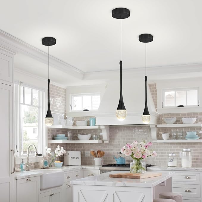 ykolupty Modern Pendant Lights for Kitchen lsland LED Dimmable Raindrop Chandelier Crystal Ceiling Pendant Lighting for Dining Room Hallway Bar Living Room (3 Pack)