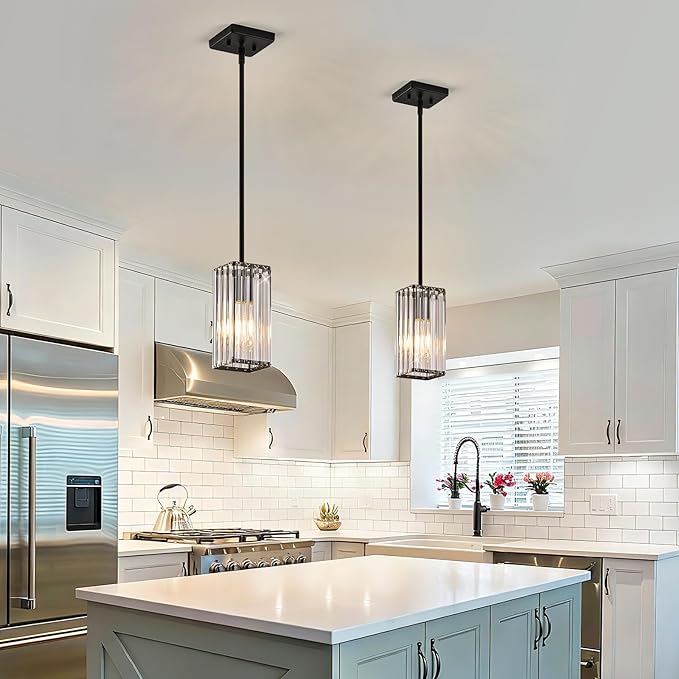 Modern Crystal Pendant Lights Kitchen Island, 2-Pack Black Hanging Light with Clear Crystal Shade, Adjustable Height Pendant Lighting for Kitchen Island Dining Room Bedroom Bar Entryway