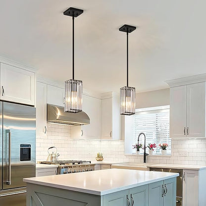 Modern Crystal Pendant Lights Kitchen Island, 2-Pack Black Hanging Light with Clear Crystal Shade, Adjustable Height Pendant Lighting for Kitchen Island Dining Room Bedroom Bar Entryway