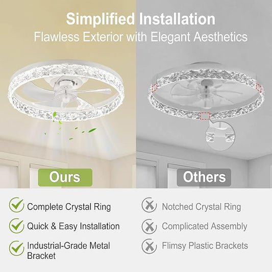 DAMINY Ceiling Fans with Lights and Remote, 6CCT,Dimmable Low Profile Ceiling Fan with Light, Flush Mount Bladeless Ceiling Fan,6 Speeds,20 inch Black Modern