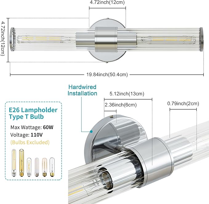 Chrome Bathroom Vanity Light, Wall Sconce Threaded Glass 1 Pack, Modern Wall Light for Bathroom, Living Room, Hallway, Kitchen - UL Certification (Bulb Not Included)
