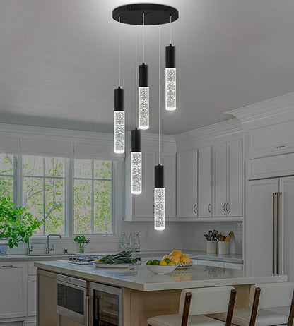 Modern Crystal Chandelier for Kitchen Island 5-Lights, Elegant Black LED Bubble Pendant Lighting Fixture for Dining Room Bedroom Entryway