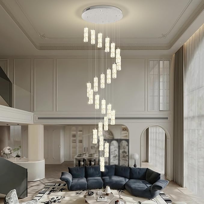 ykolupty H150in Modern Crystal Chandelier LED Dimmable Stairwell Chandelier High Ceiling Pendant Light for Stairs Entryway Living Room