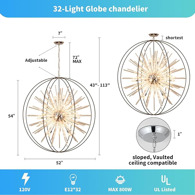 Vezzio 52" Large Globe Chandeliers for High Ceilings 32-Light Modern Black Crystal Chandelier Pendant Light Fixture for Entryway, Foyer, Stairway, Kitchen, Dining, Living Room