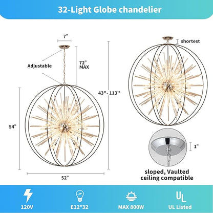 Vezzio 52" Large Globe Chandeliers for High Ceilings 32-Light Modern Black Crystal Chandelier Pendant Light Fixture for Entryway, Foyer, Stairway, Kitchen, Dining, Living Room