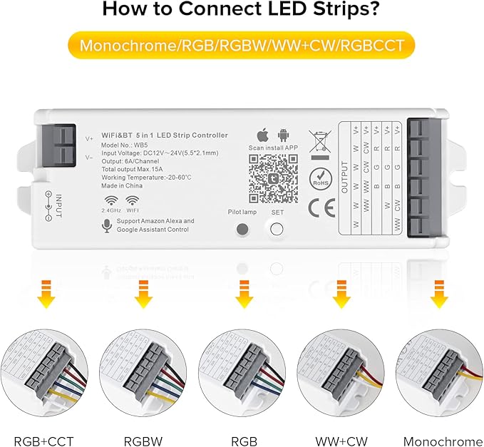 SEZO WB5 5in1 Tuya WiFi 2.4GHz PWM LED Controller for Dimming RGB RGBCCT RGBW LED Strip Compatible with Alexa/Google Home/Tuya Smart Life APP Control DC12-24V Work with RC03RF RC04RF RC01RF etc
