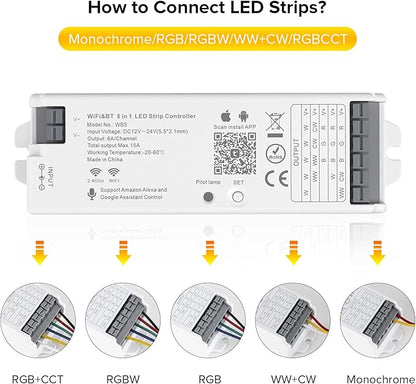 SEZO WB5 5in1 Tuya WiFi 2.4GHz PWM LED Controller for Dimming RGB RGBCCT RGBW LED Strip Compatible with Alexa/Google Home/Tuya Smart Life APP Control DC12-24V Work with RC03RF RC04RF RC01RF etc