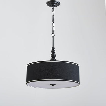 Shrine Lighting Drum Chandeliers, Farmhouse Style, Perfect Drum Pendant Light for Dining Room, D21'' x H8'', Adjustable Chains 59'', E26*3 Sockets, Black Linen Fabric Lampshade & Black Rod
